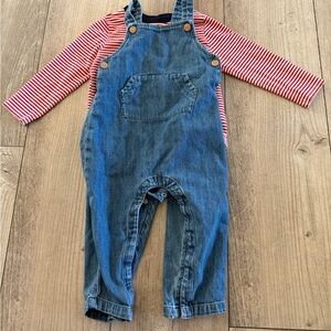 Old Navy Blue Denim Overalls with Red & White Stripe Top